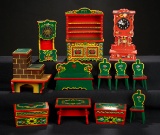 Large Collection of German Wooden Handpainted Green Dollhouse Furnishings 500/800
