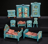 Large Collection of German Wooden Handpainted Blue Dollhouse Furnishings 500/800