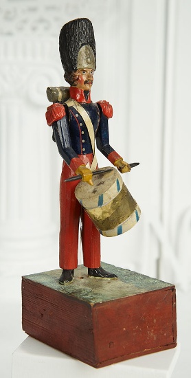 Early French Wooden Handwind Toy Soldier with Drum 800/1000