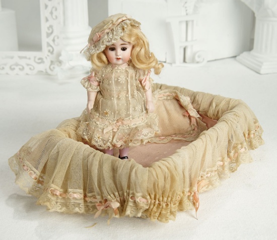 Large German All-Bisque Miniature Doll, Model 150, by Kestner in Lace-Fitted Basket 600/900