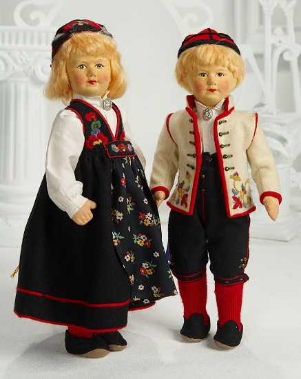 Pair, Felt Cloth Dolls in Wonderful Original Embroidered Costumes 700/900