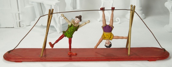 American Wooden Tight-Rope along with Two Bisque-Head Acrobats by Schoenhut 700/900