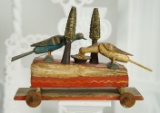 Rare German Wooden Mechanical Squeak Toy on Wheels 600/900