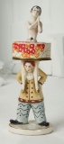 Rare Porcelain Half-Doll of Pierrette on Powder Box, Posed On Harlequin Shoulders  500/800
