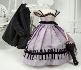 Early French Mauve Silk Gown with Black Velvet Trim, with Jacket and Parasol 700/1000