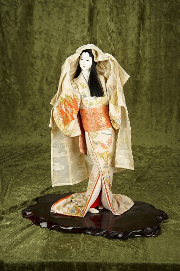 20" Japanese portrait lady theatrical pose with especially lovely silk costume,1950s era. $300/400