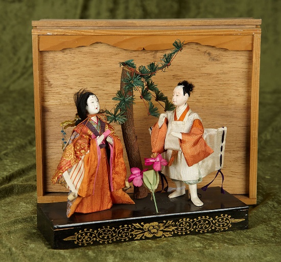 7" Pair, Japanese figures in ceremonial pose, original costumes, original box. $200/300