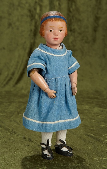 15" American wooden doll with carved bobbed hair and blue hair band by Schoenhut. $500/700