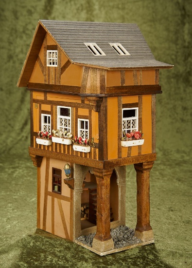 French miniature wooden three-story half-timber dollhouse, Catherine Riffault, Au Nain Bleu $200/300