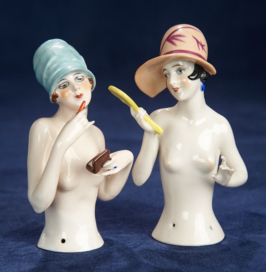 Two Large German Porcelain Half-Dolls as Fashionable Flapper Ladies 500/700