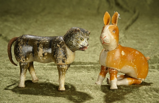 5" hard-to-find American animals from farmyard set, Schoenhut, bunny, glass-eyed cat.  $500/700