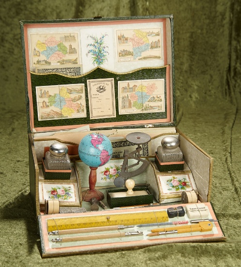 French wooden toy "Papeterie" fitted with school lessons, maps, supplies. $500/700