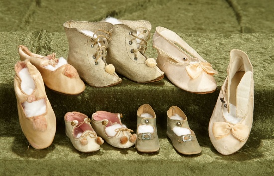 Five German kidskin or sateen shoes for child dolls, 3"-5".  $400/500