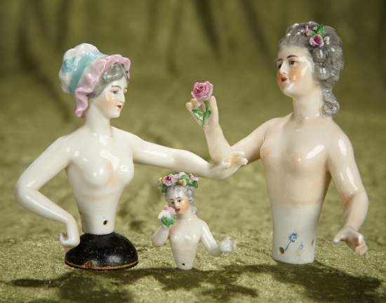 2"-5" Trio of German porcelain half-dolls by Dressel & Kister with arms extended. $400/500