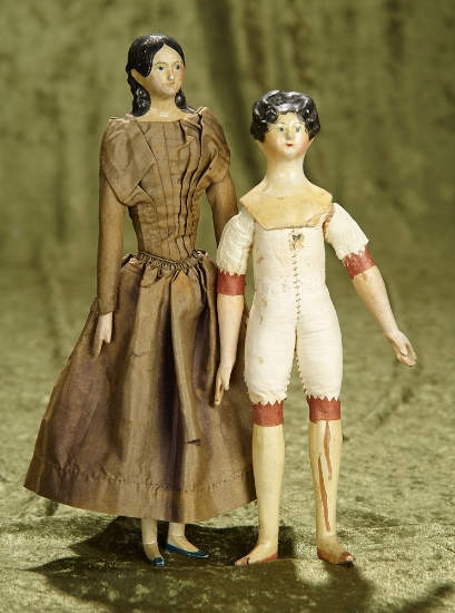 Two 9" German paper mache dolls known as Milliner's Models, original bodies. $500/700