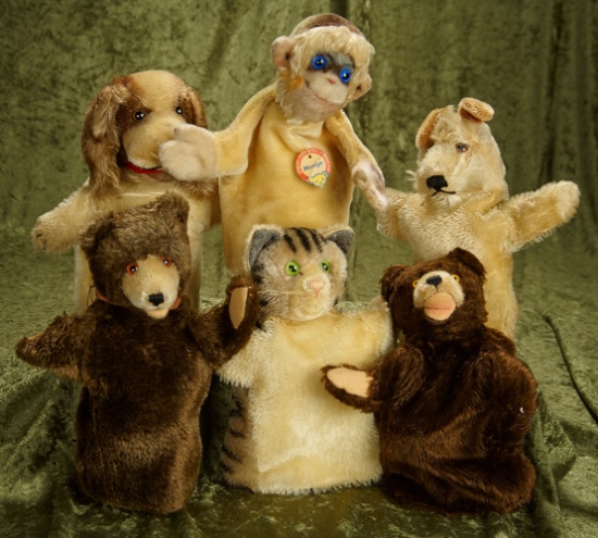 Set of six 8" German mohair animal hand-puppets by Steiff, 1950s era. $400/500