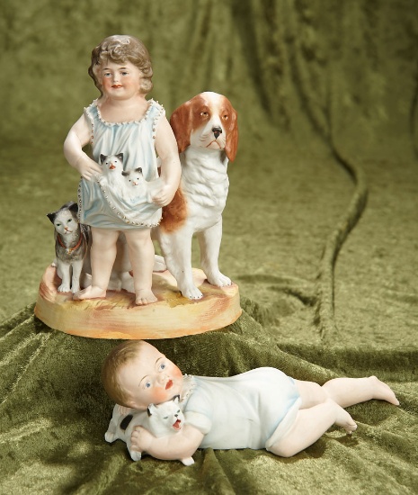 Two German all-bisque figurines of children with pets by Hertwig. $300/500