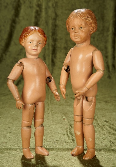 14" & 16" Pair American wooden dolls by Schoenhut with carved hair. $500/700