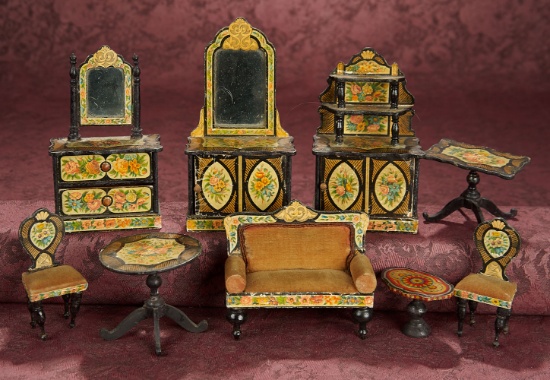 Set, German Wooden Dollhouse Furnishingswith Lithographed Designs 500/800