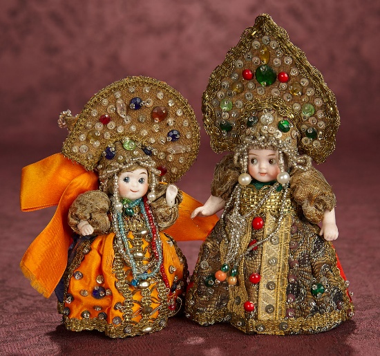 Two German All-Bisque Googlies in Original Elaborate Cossack Costumes 600/900