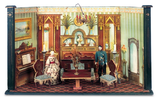 German Lithographed-over-Wood Doll Room with Wonderful Detail and Furnishings 1100/1300