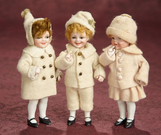 Trio of German All-Bisque Miniature Dolls Designed by Jeanne Orsini, Original Costumes 1200/1600