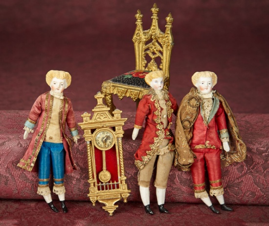 Three German Bisque Dollhouse Gentleman in Elaborate Costumes 500/700