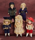 Five German All-Bisque Miniature Dolls in Original Factory Costumes 800/1100