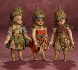 Wonderful Trio of German All-Bisque Brown-Complexioned Dolls in Original Costumes 1200/1500