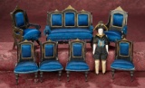 German Ebony Dollhouse Parlor Set with Original Blue Silk Upholstery 700/900