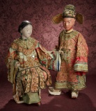 Early Pair of Asian Paper Mache Man and Woman in Superb Original Costumes 800/1100