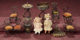 Collection, German Soft Metal Dollhouse Furnishings with Two All-Bisque Dolls 600/800