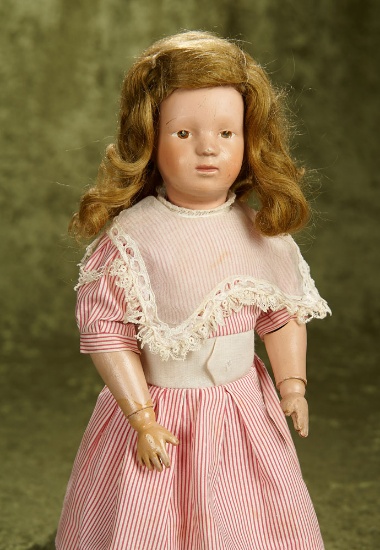15" American wooden brown-eyed girl by Schoenhut with intaglio eyes. $500/700