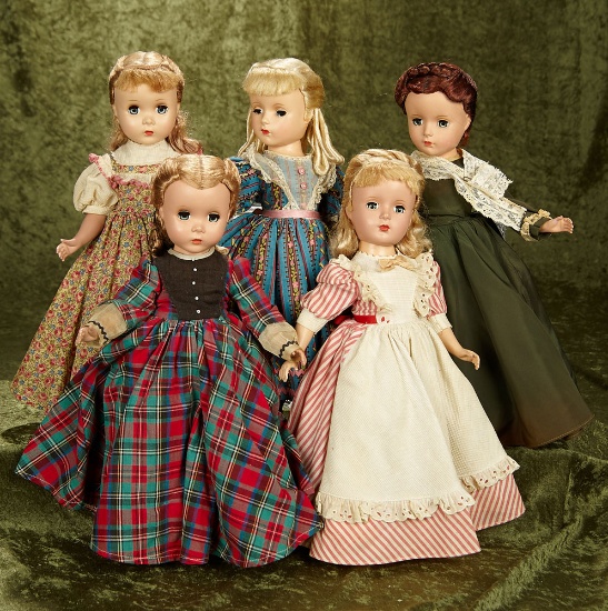 14" Group of five vintage hard plastic Little Women by Alexander in original tagged costumes