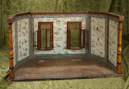 23" Antique German wooden dollhouse room with original wall and floor papers. oak trim.