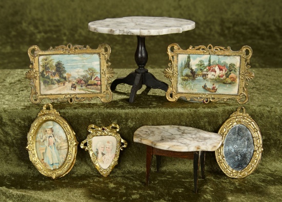 5" h. Pair of German marble top dollhouse tables, a gilt frame mirror and gilt frame dollhouse print