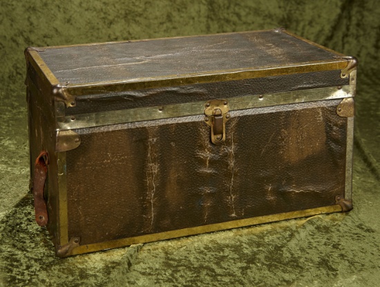 18" Antique wooden doll trunk with till, faux-leather paper cover, original trunk label