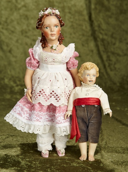 13" Pair of hand-made porcelain bisque artist dolls by Kathy Redmond