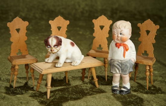 6" All-bisque winking boy, with all-bisque pup by Heubach and set of wooden furnishings  $400/500