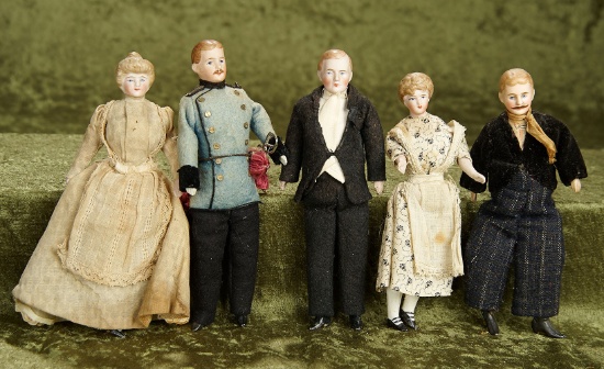 7" Five German bisque dollhouse dolls in original costumes. $600/800