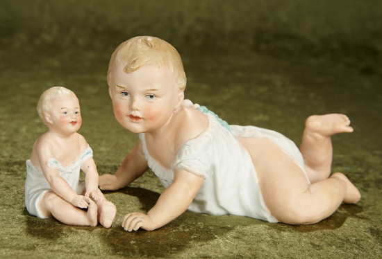 3 1/2" and 8" Two German all-bisque piano babies by Gebruder Heubach. $300/500