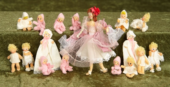 Seventeen 1 1/2"- 5". German cloth character dolls by BAPS. $300/400