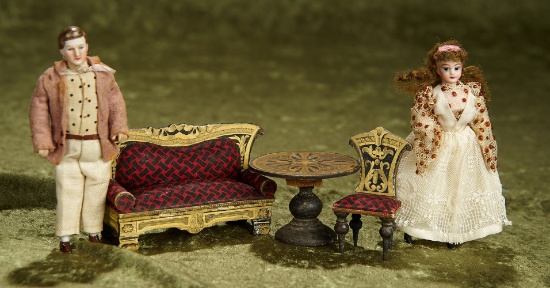 5" German bisque dollhouse couple in petite size, with dollhouse furnishings. $400/500