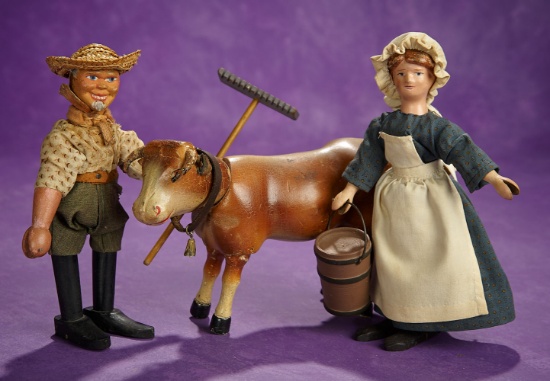 American Wooden Farmer, Milkmaid and Cow from Schoenhut 800/1200