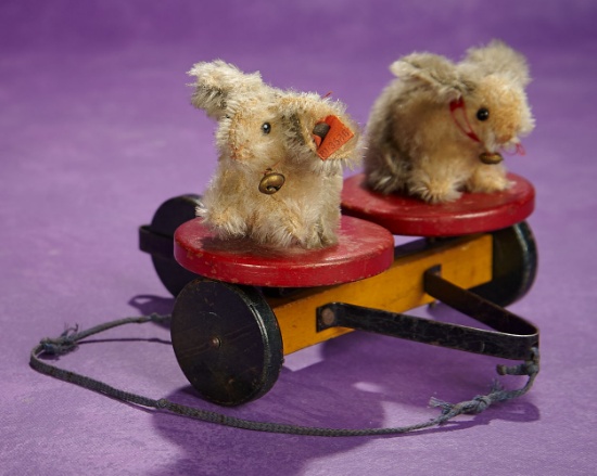 German Pull-Toy Mohair Bunnies on Eccentric Wheel Base by Steiff 600/900