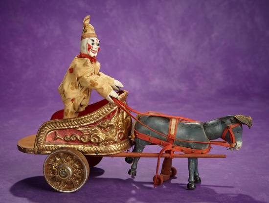 American Wooden Circus Chariot with Glass-Eyed Burro, Clown by Schoenhut 1800/2300