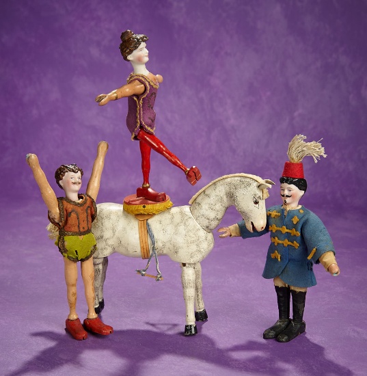 Three American Bisque Head Circus Performers, Wooden Horse by Schoenhut 800/1000
