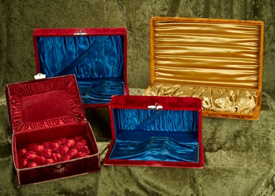 8"-13" Four antique velvet-covered presentation boxes, great for mignonette trousseaux.
