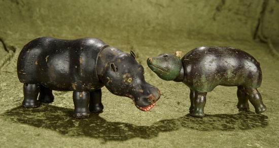 8"- 9.5"  Schoenhut wooden Hippo and Bear with glass eyes.