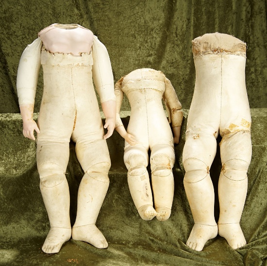 23", 22", 17" Three kid leather bebe bodies for Bru dolls.